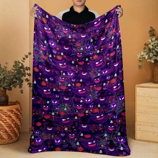 Gengar Fleece Blanket, Cozy Throw Blanket, Cute Soft Bed Cover, 3D Print Gengar Art