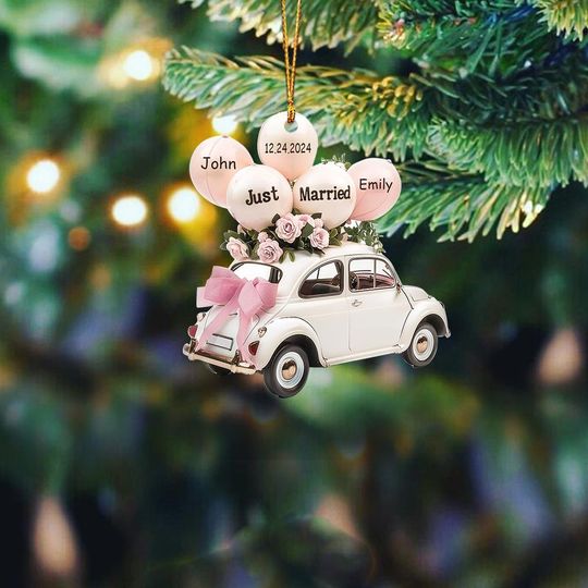 Personalized Wedding Car Ornament, Just Married Ornament, Mr Mrs Ornament Gift, Wedding Keepsake, Couple Christmas Ornament