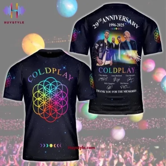 Discover Coldplay Rock Band 29th Anniversary 1996-2025 Thank You Memories 3D T-Shirt