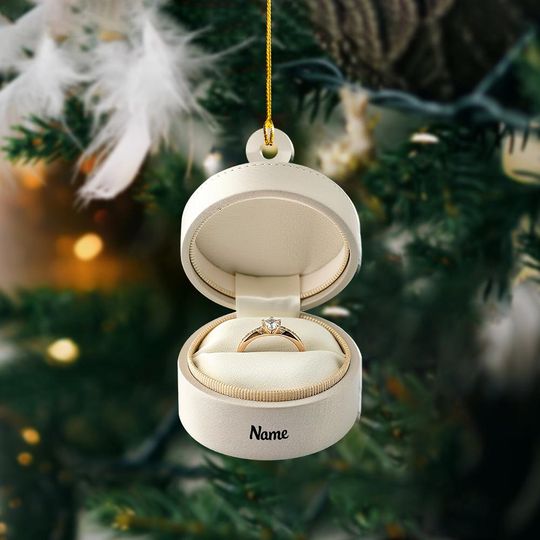 Personalized Engaged Ornament, Wedding Ring Ornament, Couples 2D Flat Christmas Ornament, Just Engaged Gift, Ring Box Ornament