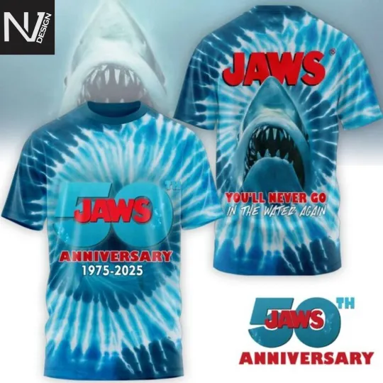 Discover Jaws 50th Anniversary 1975-2025 You ll Never Go In The Water Again 3D T-Shirt
