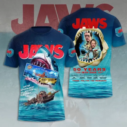 Discover Jaws 50th Anniversary 1975-2025 Thank You For Memories 3D T-Shirt