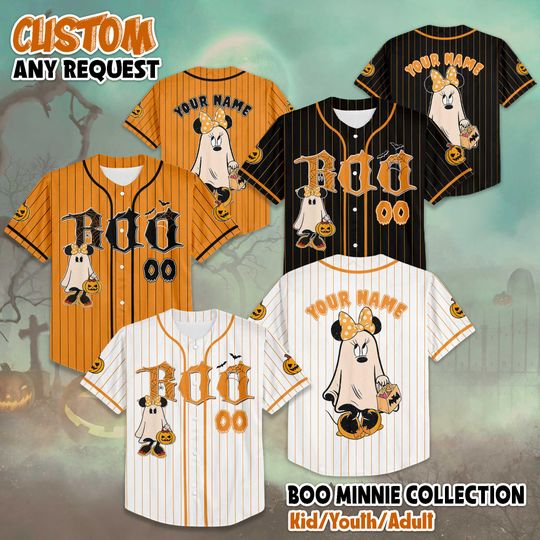 Discover Personalized Boo Minnie Mouse Baseball Jersey, Custom Disney Minnie Mouse Shirt, Halloween Baseball Team Outfit, Gift For Fans