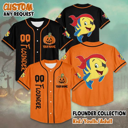 Discover Custom Flounder Halloween Baseball Jersey, Disney The Little Mermaid Shirt, Flounder Disney Costume Jersey, Matching Disney Halloween Outfit