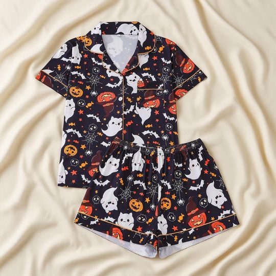 Discover Halloween Pajama Set, Cute Pumpkin & Ghost Prints, Short Sleeve Button Top with Shorts, Cozy Nightwear for Spooky Season Fun