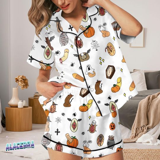 Discover Funny Halloween Pajama Set for Women  Spooky & Saucy Print Satin Sleepwear, 2-Piece Halloween Loungewear