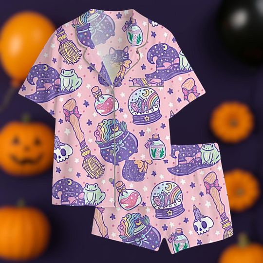 Halloween Witchy Pajama Set with Pocket, Black Cat Magic Loungewear