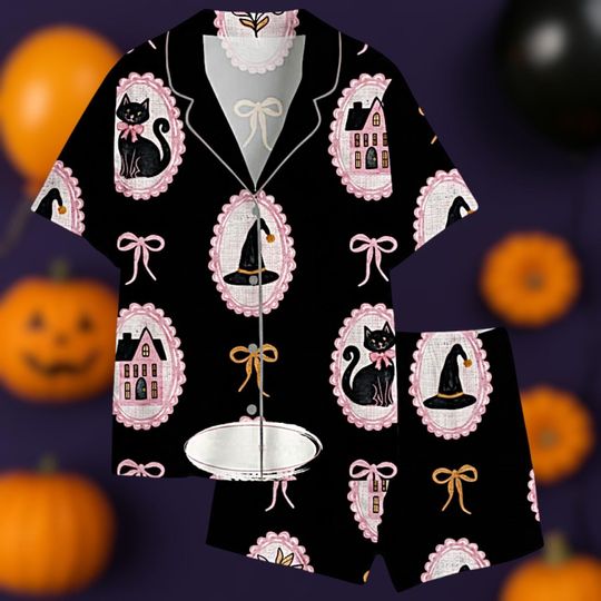 Halloween Little Witch Princess Pajama Set with Pocket, Cartoon Loungewear