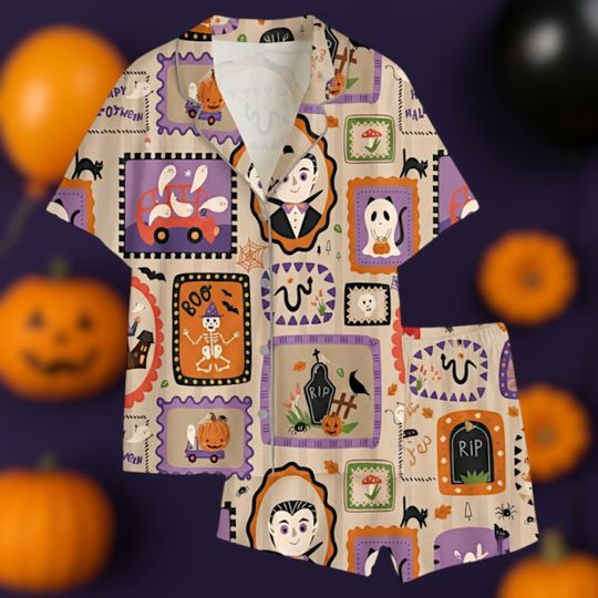 Halloween Dracula Pajama Set with Pocket, Cartoon Character Holiday Sleepwear