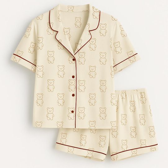 Discover Cute Teddy Bear Pajamas Set  Kawaii Short Sleeve Sleepwear for Women, Summer Loungewear in White, Black, Pastel, Pink, Purple, Cream