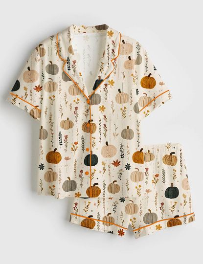 Discover Women’s Boho Pumpkin Floral Short Pajama Set with Pocket