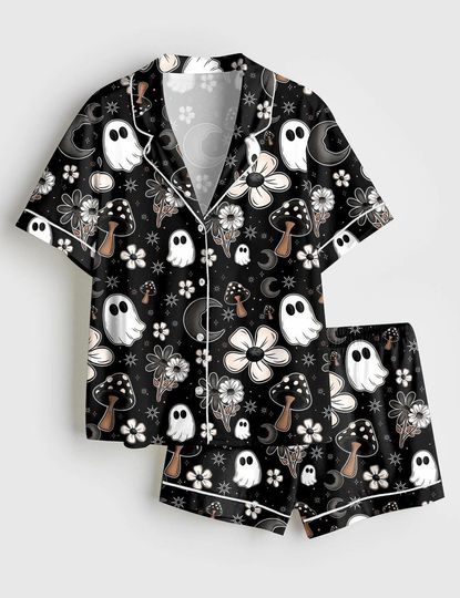 Discover Women's Halloween Ghost and Mushroom Floral Pajama Set with Short Sleeves