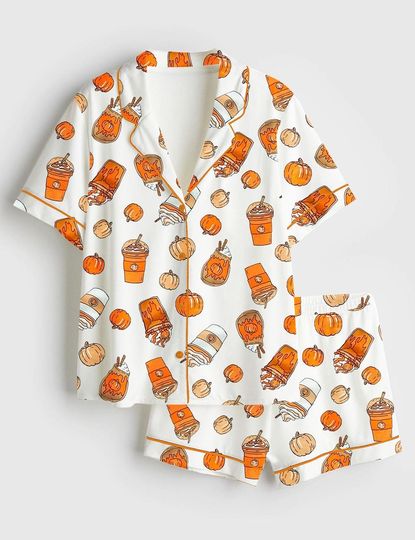 Discover Women’s Pumpkin Spice Halloween Short Sleeve Pajama Set with Pocket