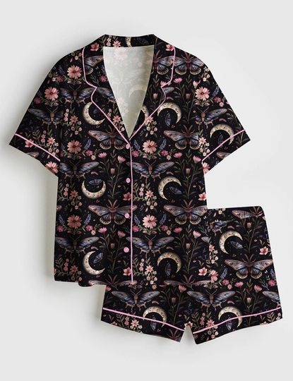Night Garden Mystical Moth Pajama Set with Pockets for Women