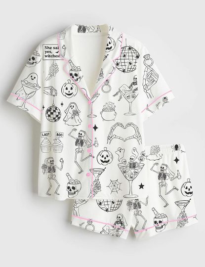 Discover Womens Satin Pajama Set, Halloween Spooky Bachelorette PJs, Til Death Do Us Print, Whimsical Wedding Party Short Sleeve Sleepwear Gift