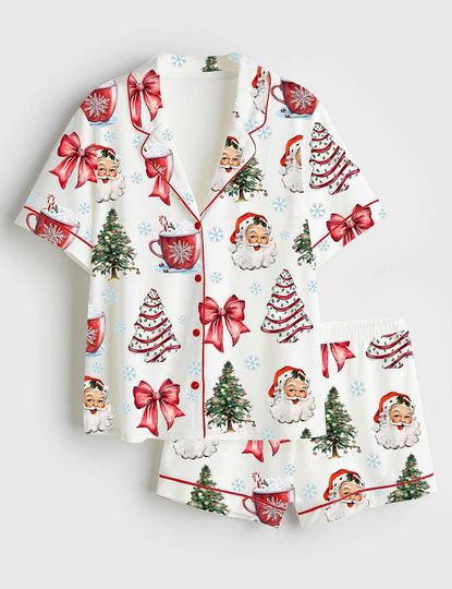 Discover Coquette Christmas Satin Pajama Set, Christmas Santa Red Cup Tee Pajama Set, Holiday Hot Pajama, Pajama Nightwear Set for Her Women