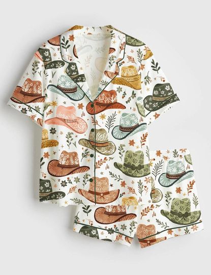 Discover Womens Satin Pajama Set, Cowboy Hats Pajamas, Whimsical Western Theme Pajamas, Bachelorette Party Sleepwear, Pajamas for Her