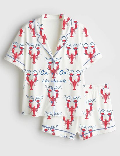 Discover Fisherman Aesthetic Dalce Vibes Coastal Lobster Pajama, Ocean Italian Girl Travel Wine Champagne Short Sleeve Satin Pajama Set Gifts