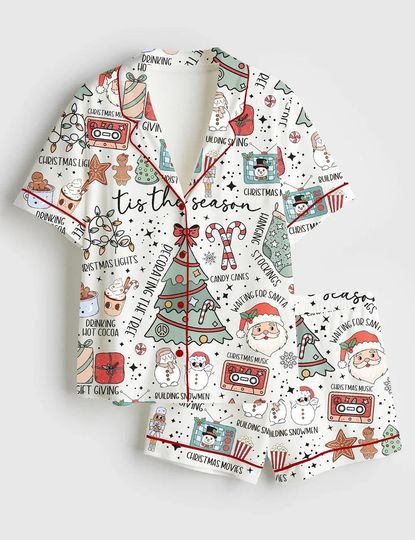 Retro Christmas Santa Pajama Set with Pocket