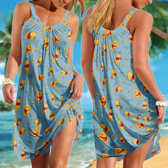 Discover Disney Winnie the Pooh Summer Dress for Girls, Sleeveless Cartoon Beach Dress