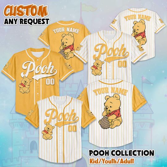 Discover Personalized Baby Winnie the Pooh Baseball Jersey, Disney Pooh Bear Shirt, Custom Family Matching Outfit, Unique Gift for Pooh Lovers