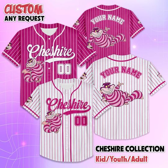 Discover Personalized The Cheshire Cat Baseball Jersey, Custom Disney Alice in Wonderland Shirt, Matching Outfit for Disney Trip or Fan Gift