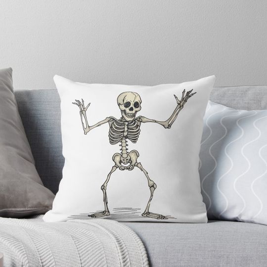 Discover Dancing Halloween Skeleton – Funny Spooky Bones Illustration Pillow