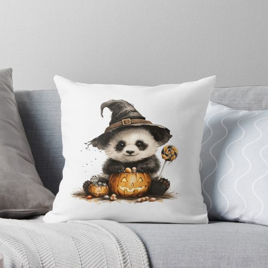 Discover Cute Halloween Panda – Witch Hat, Pumpkin and Candy Illustration Pillow