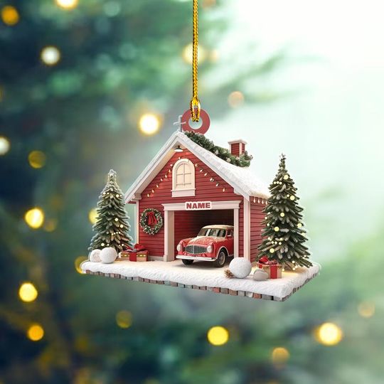 Custom Name Car Garage Ornament, 2D Flat Car Garage Christmas Gift, Car Garage Hanging Tree Ornament Car Garage Christmas Decor