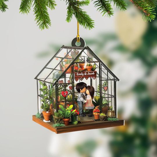 Custom Name 2D Flat Couple in The Garden Ornament, Couple Christmas Ornament, Greenhouse Rearview Car Mirror, Lover Gifts