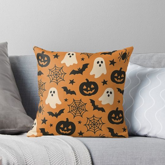 Discover Halloween Pattern with Skulls Ghosts and Pumpkins Pillow