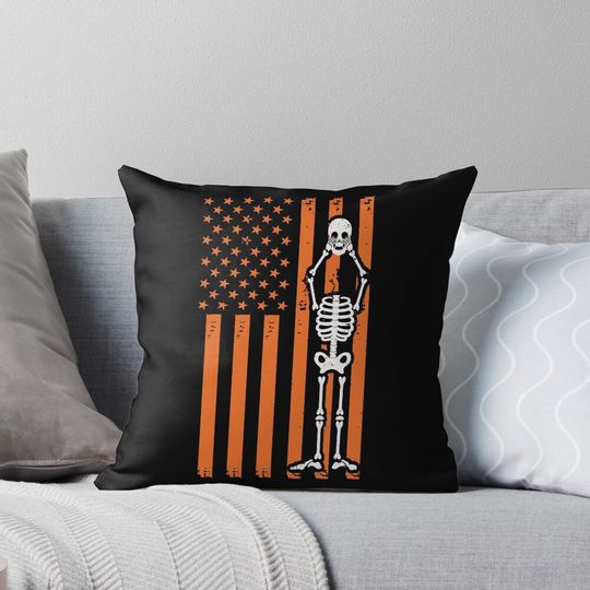 Discover Spooky Skeleton Scary Skull And USA Flag Pillow