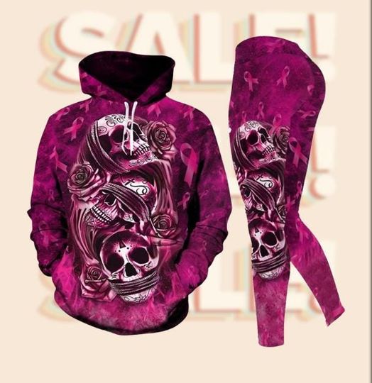 Discover Pink Skull Hoodie and Leggings Set, Rose Awareness Outfit, Skull Activewear Tracksuit for Women, Halloween Gym Clothing