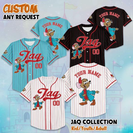 Discover Personalized Jaq Baseball Jersey, Custom Cinde Mouse Shirt, Disney Gus and Jaq Jersey, Fairytale Costume Gift, Disney Baseball Outfit