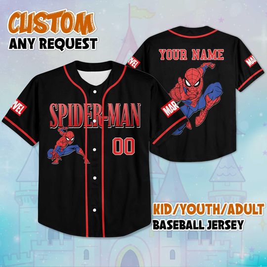 Discover Personalized Marvel Spider-Man Baseball Jersey, Custom Disney Superhero Jersey, Marvel Birthday Outfit, Spider-Man Shirt, Gift for Fans