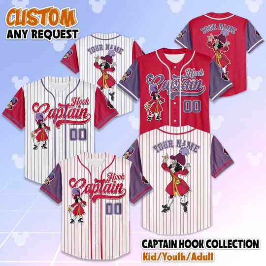 Discover Personalized Captain Hook Baseball Jersey, Custom Disney Peter Pan Shirt, Matching Disney Trip Outfit, Disney Birthday Gift