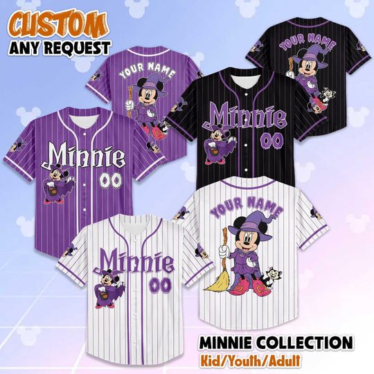 Discover Personalized Disney Halloween Minnie Mouse Baseball Jersey, Custom Disney Halloween Shirt, Spooky Disney Jersey for Kids, Adults & Fans