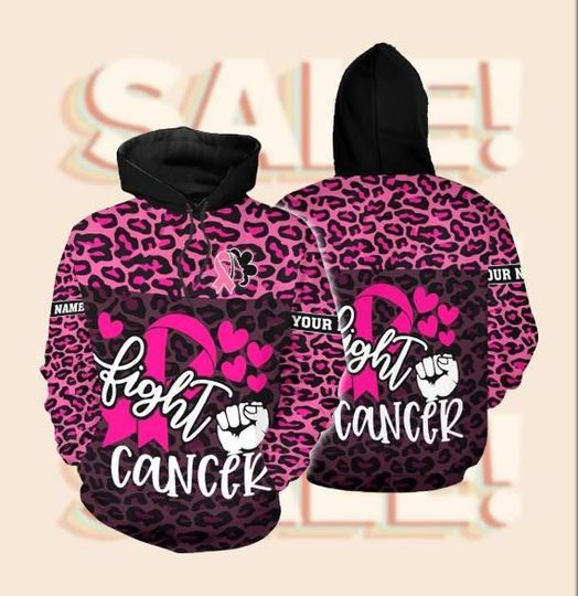 Discover Pink Leopard Fight Cancer Hoodie, Breast Cancer Awareness Sweatshirt, Custom Name Support Gift, Pink Ribbon Zip Up Hoodie for Women