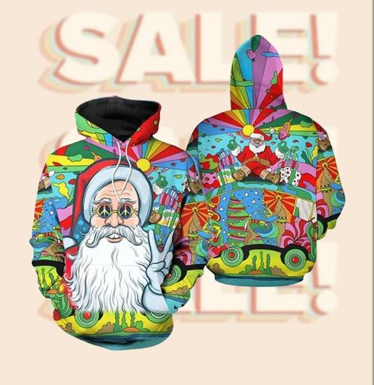 Psychedelic Santa Hoodie 3D, Funny Hippie Xmas Outfit, Trippy Holiday Hoodie, Hoodie Gift