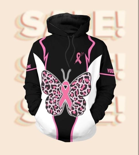 Discover Butterfly Pink Ribbon Hoodie  Breast Cancer Awareness Sweatshirt, Leopard Print Survivor Support Gift