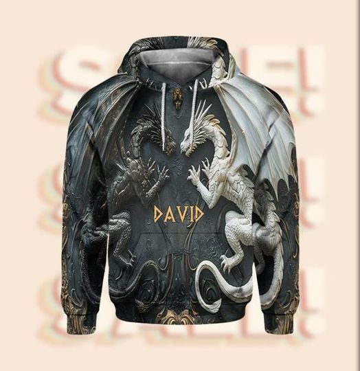 Discover Personalized Dragon Hoodie 3D, Custom Name Black and White Dragon Pullover, Fantasy Gamer Hoodie, Mythical Creature Sweatshirt Gift