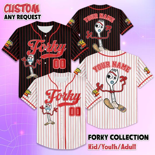Discover Personalized Forky Black White Baseball Jersey, Disney Toy Story Forky Baseball Shirt, Matching Disney Trip Outfit, Forky Birthday Gift