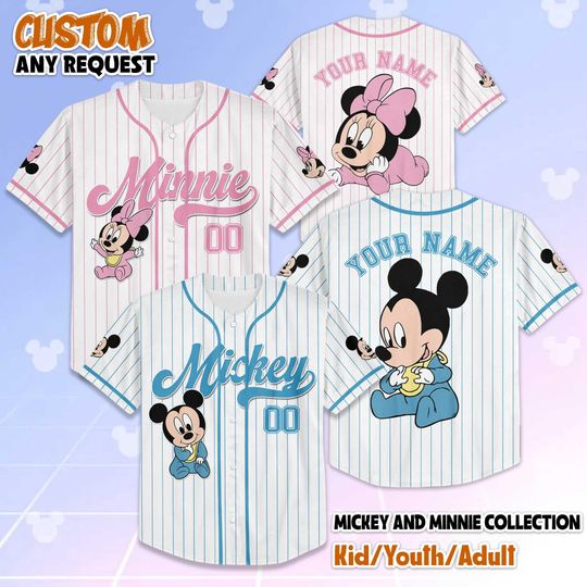 Discover Personalized Mickey and Minnie Baseball Jersey, Custom Mickey Mouse Shirt, Minnie Mouse Baseball Team Outfit, Gift for Disney Fans