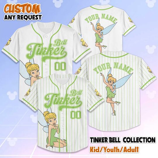 Personalized Tinker Bell Baseball Jersey, Custom Disney Tinker Bell Baseball Shirt