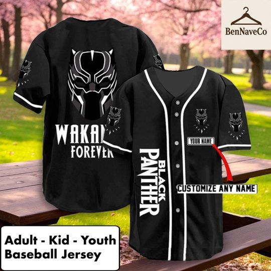 Black Panther Wakanda Forever Jersey, Custom Superhero Baseball Shirt, Adult Kid Youth Marvel Jersey