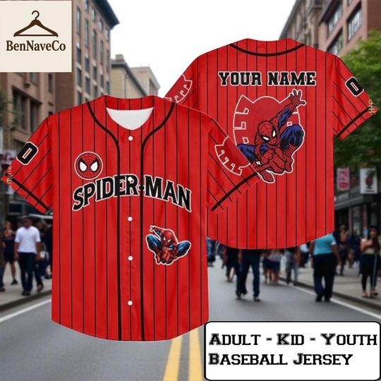 Discover Custom Spider-Man Red Pinstripe Baseball Jersey, Personalized Superhero Jersey Shirt with Name Number, Comic Team Outfit for Adult Kids