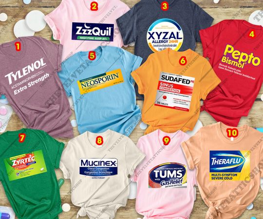 Discover Halloween 2025 Pharmacy Costume Shirt | Funny Medicine Label Parody Tee | Family Group Outfit or Softball Team Matching Costume Idea