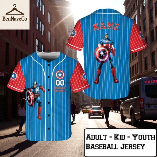 Captain America Baseball Jersey, Custom Superhero Jersey Shirt for Adult Kid Youth, Marvel Jersey