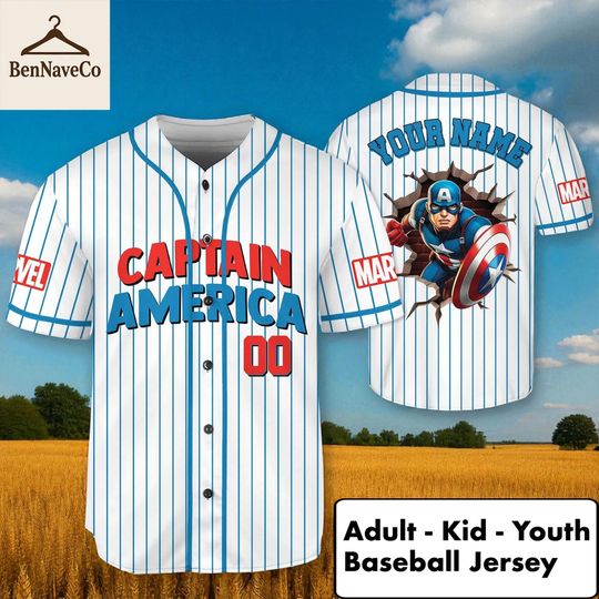 Captain America Baseball Jersey, Custom Marvel Jersey Shirt, Adult Kid Youth Superhero Jersey