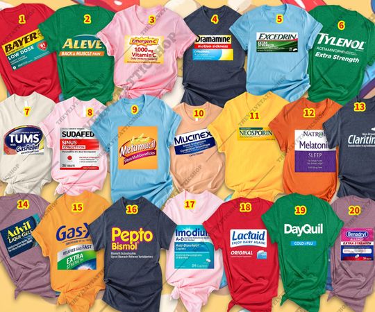 Discover Halloween 2025 Pharmacy Costume Shirt | Funny Medicine Label Parody Tee | Group Family Outfit or Softball Team Matching Costume Idea